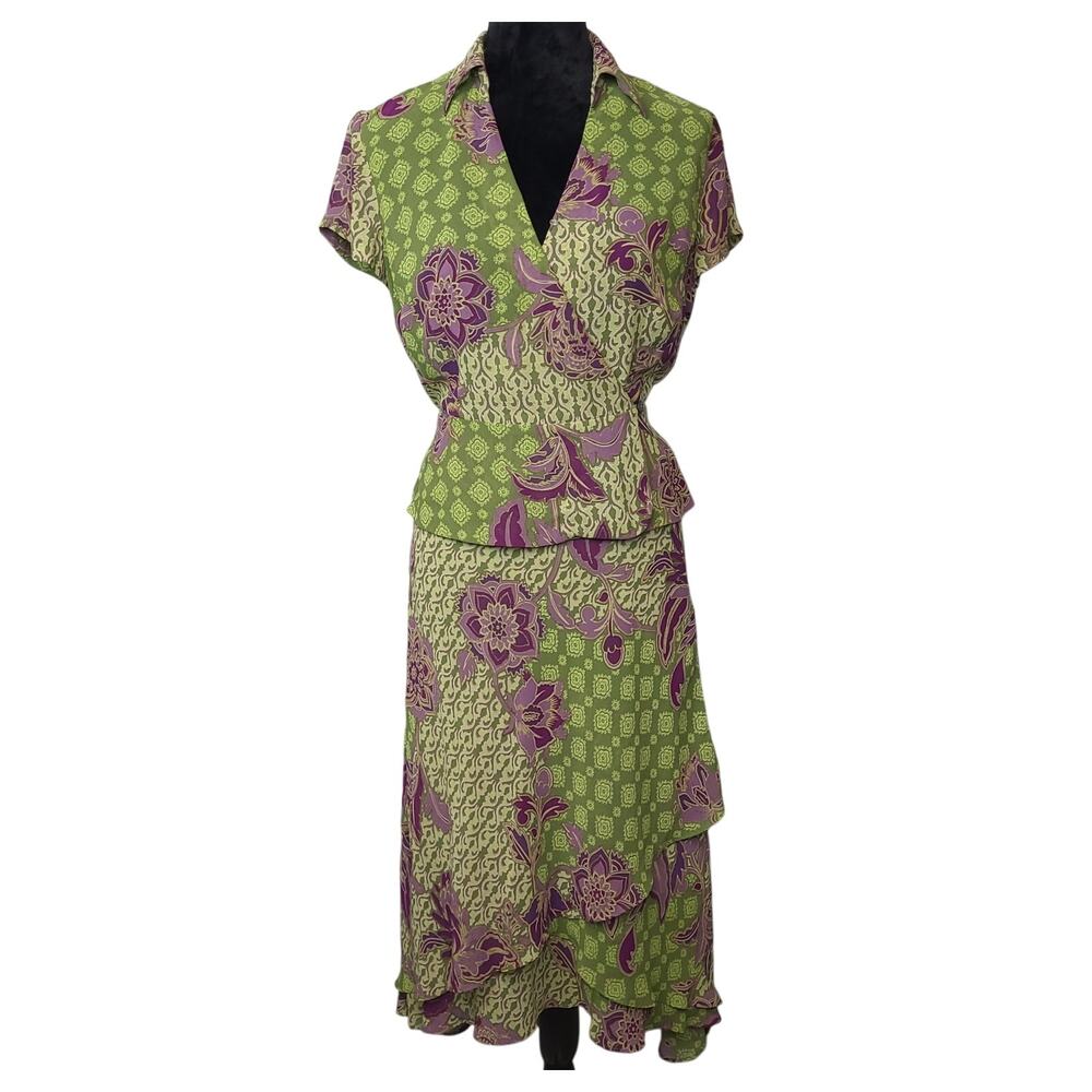 Evan Picone Women's Top & Skirt 10P Green Floral Chiffon Pull-On Fairy Y2K 90's